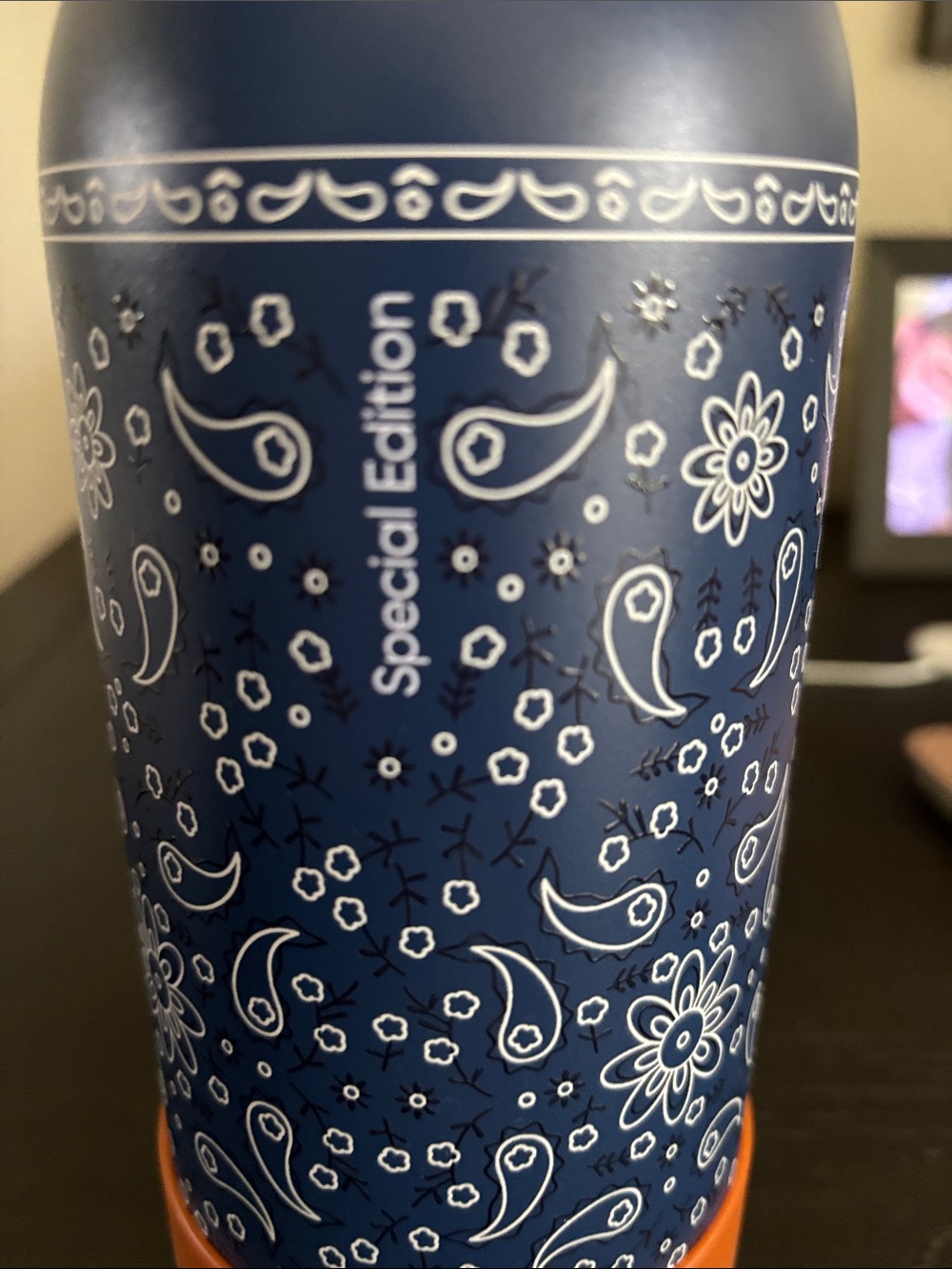 Owala Insulated Water Bottle — Navy Blue with Orange Base - Picture 5 of 5